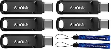 SanDisk 32GB Ultra Dual Drive Go (SDDDC3-032G-G46) 2-in-1 USB Type-A & Type-C Flash Drive - 5 Pack Bundle with 2 Everything But Stromboli Lanyards