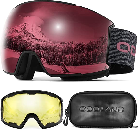 Odoland Magnetic Interchangeable Ski Goggles Set with 2 Lens, Anti-Fog 100% UV Protection Snowboard Snow Goggles Men Women