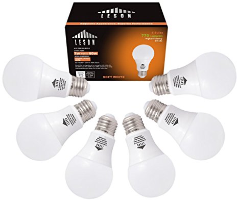 Leson A19 LED Light Bulb Standard E26/E27 Base 7W Energy Saving, Equivalent To 60 Watt Incandescent Bulbs, 770lm Soft/Warm White 2700k (6 Pack)