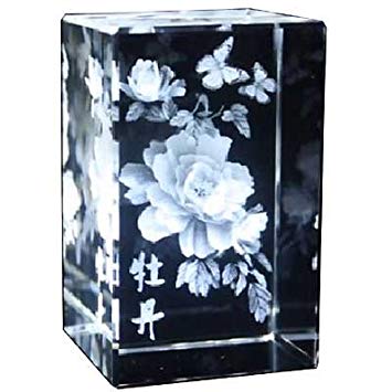 Peony with Butterflies Engraved Crystal Ornament - Gift Boxed