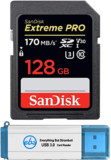 SanDisk 128GB SDXC Extreme Pro Memory Card Works with Canon EOS R, M50, M100 Mirrorless Camera 4K V30 UHS-I (SDSDXXY-128G-GN4IN) with Everything But Stromboli 3.0 SD/Micro Card Reader