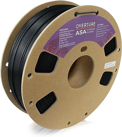 OVERTURE ASA Filament 1.75mm Premium Anti-UV 3D Printer Filament, 1kg Spool (2.2lbs), Dimensional Accuracy  /- 0.03 mm, Fit Most FDM Printer (Black)