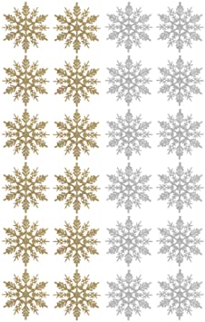 Aitsite Glitter Snowflake Ornaments 24 Pieces, 4.7 Inch Plastic Hanging Crafts for Home Christmas Wedding Holiday Party Decorations(12 Gold   12 Silver)