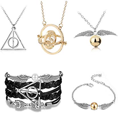 4MEMORYS Harry Potter Necklace Bracelet Earrings Set Time Turner Deathly Hallows Golden Snitch for Harry Potter Fans Gifts Collection Magical Cosplay Costume Jewelry