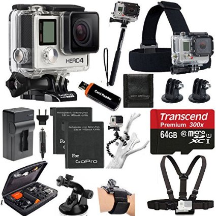 GoPro HERO4 SILVER Edition Camera HD Camcorder With Deluxe Carrying Case   Head Strap   Chest Strap   Suction Cup Mount   Wrist Strap Band  Monopod   64GB SDXC MicroSD Memory Card Complete Deluxe Accessory Bundle
