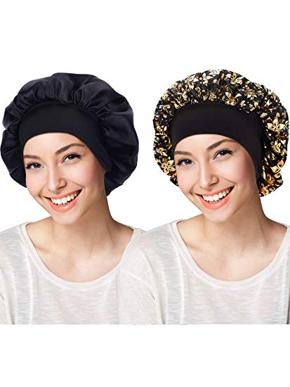 Blulu 2 Pieces Satin Bonnet Night Sleep Cap Sleeping Head Cover for Women Girls, 2 Types