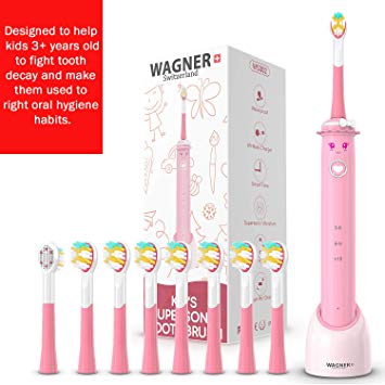 WAGNER Switzerland SuperSonic toothbrush for girls | 8 reversible brush heads for teeth and tongue cleaning with DuPont bristles | Vibration Speed Control | Wireless charging w Smart Timer. Waterproof