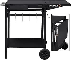 PIZZELLO Grill Cart and Prep Station Outdoor bbq Cart Pizza Table Serving Cart with Storage Wheels Hooks Handle Convertible Countertop, Black