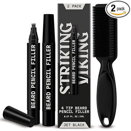 4-Tip Beard Pencil Filler for Men (2 pack) - Updated Beard Filling Pen Kit with Brush, Long Lasting Waterproof Beard Pen - Fill, Shape, & Define Your Beard - Striking Viking, Black (2 Pens)