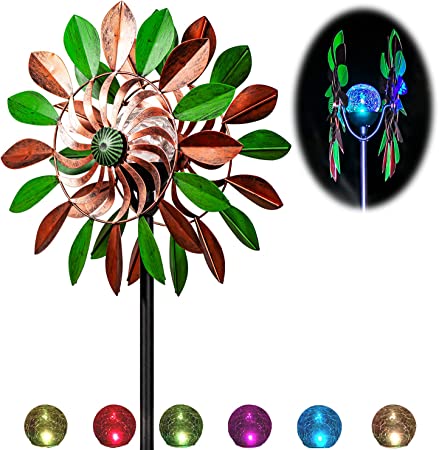 Solar Wind Spinner Orchid Multi-Color Seasonal LED Lighting, Solar Powered Glass Ball with Kinetic Wind Spinner Dual Direction for Patio Lawn & Garden