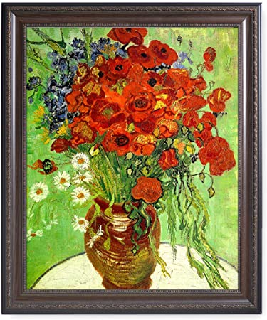 DECORARTS - Red Poppies and Daisies - Vincent Van Gogh. Giclee Print on Canvas with Matching Museum Framed Wall Art. Total with Framed Size: 19x23