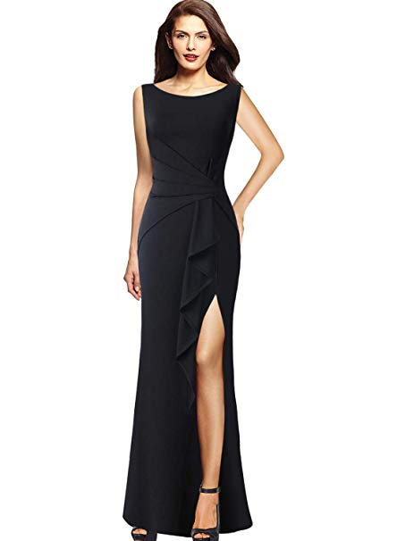 VFSHOW Womens Ruched Ruffles High Split Formal Wedding Party Maxi Dress
