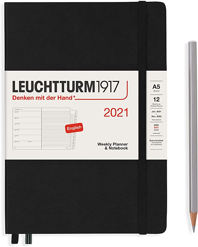 Leuchtturm1917 Weekly Planner & Notebook Medium (A5) 2021 with Extra Booklet, English, Black