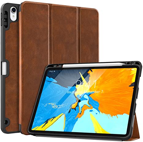 MoKo Case Fit iPad Pro 11" 2018 with Apple Pencil Holder [Support Magnetically Attach Charging/Pairing Feature] - Slim Lightweight Smart Shell Stand Cover Case with Auto Wake/Sleep - Brown