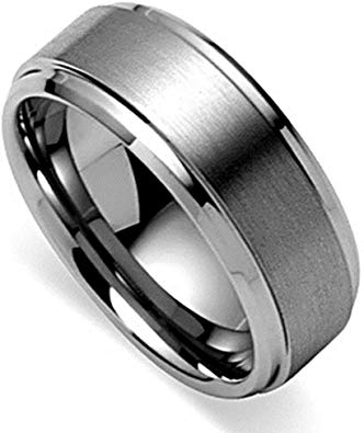 King Will Basic Men's Tungsten Carbide Ring 8mm Polished Beveled Edge Matte Brushed Finish Center Wedding Band