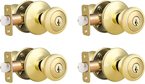 4 Pack Key Entry Door Knob, Keyed Alike Entrance Door Lockset for Front and Office Doors, Tulip Style Door Knob with Lock and Same Keys, Polished Brass