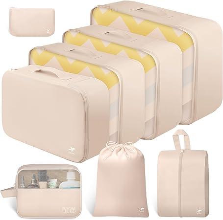 HOTOR Packing Cubes - 8 Pieces, Light Packing Cubes Travel Organizer, Premium Luggage Organizer Set, Space-Saving Travel Organizer for Suitcase, Water-Resistant Travel Essentials, Beige