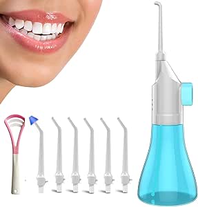 Water flossers for teeth,Water flosser portable,Water flosser for braces,Manual Water flosser cordless,Water flossers for teeth with braces,Dental floss for bridges,Teeth cleaning kit (3 head(6 heads)