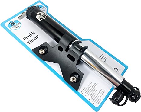 Compact Bike Pump / CO2 Inflator Combo - The DOUBLE THREAT by VI Bike - Presta or Schrader Compatible - Includes Frame Mount and Foam CO2 Sleeve - Telescopic Valve Stem Connection - 110 psi
