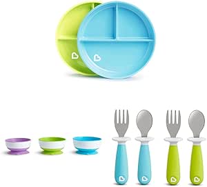 Munchkin Stay Put Divided Suction Plates, Blue/Green & Stay Put Suction Bowls & Raise™ Toddler Fork and Spoon Utensil Set