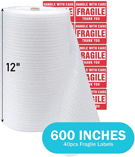 TeiKis (1-Pack) 12 x 600 in Foam Sheets Wrap Roll for Moving Shipping Packing Supplies with 40 Fragile Labels