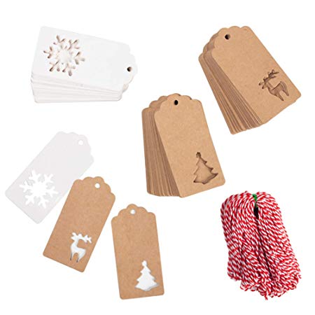 150 PCS Christmas Tags, Kraft Paper Gift Tags Hang Labels With 20M Red and White String, Christmas Tree、Snowflake、Reindeer Design for Christmas Gift Favor,Christmas Party and Decorating Christmas Tree