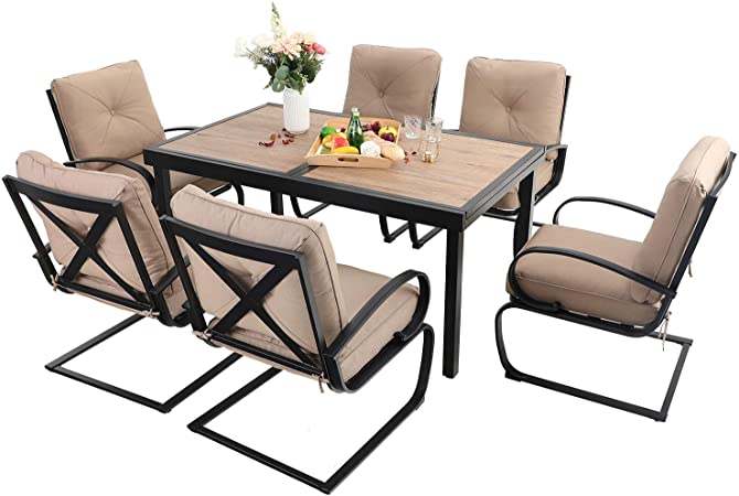 Sophia & William Patio Dining Set 7 Piece Expandable Outdoor Table Furniture Set with 6 Metal Spring Motion Dining Chairs and 1 Rectangular Bistro Deck Table with Leaf, Beige