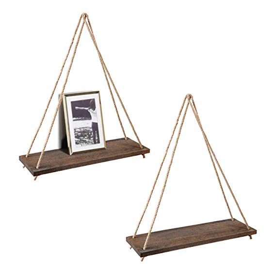 Mkono Wood Wall Floating Shelf Rustic Hanging Swing Rope Shelves, Set of 2 Wall Display Shelves Home Organizer Boho Decor Shelves for Living Room Bedroom Bathroom Kitchen