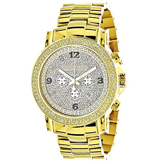 Iced out LUXURMAN Escalade Watches: Very Large 18K Yellow Gold Plated Real Diamond Watch for Men 0.25ct