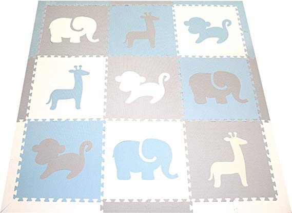 SoftTiles Foam Play Mat- Safari Animals- Interlocking Foam Puzzle Mat for Kids, Toddlers, Babies Playrooms/Nursery 6.5'x6.5' (Light Blue, Light Gray, White) SCSAFWSH