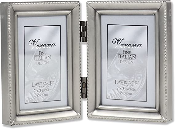 Lawrence Frames Antique Pewter Hinged Double 2x3 Picture Frame, Beaded Edge Design