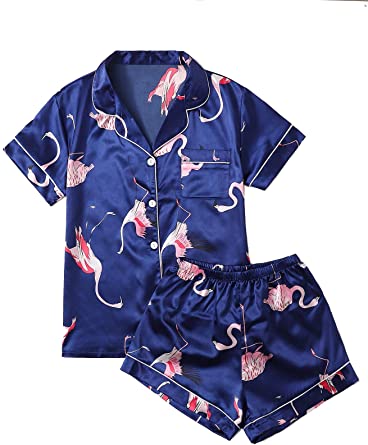 DIDK Women's Sleepwear Satin Short Sleeve Button Front 2 Piece Pajama Set