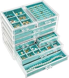 ProCase Large Acrylic Jewelry Box Earring Holder Organizer with Drawers, Clear Jewelry Storage Case with Velvet Trays for Earring Ring Necklace Bracelet, 11 x 6.3 x 9.04 Inches - Aqua, 6 Layers