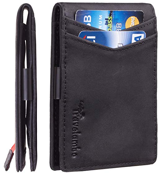 Travelambo Mens RFID Blocking Front Pocket Minimalist Slim Genuine Leather Wallet Pull Tab Money Clip