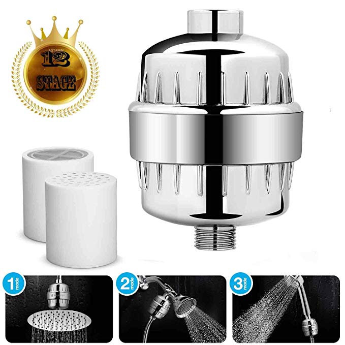 Shower Filter Shower Head Water Filter High Output with 2 Multi Stage Replacement Cartridge Shower Filter for Hard Water - Removes Chlorine, Heavy Metal - Reduces Dry Itchy Skin, Hair Softer – Chrome