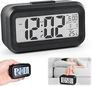 Digital Alarm Clock, Digital Clock Battery Operated, Bedside Clock LED Display with Temperature Snooze Calendar Small Alarm Clock, Portable Travel Clock Battery Digital Clock for Home Office Travel