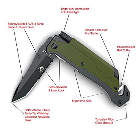Off-Grid Knives - 5 in 1 Spring Assisted, AUS-8 Tanto Blade Survival Knife with Fire Starter, LED Flashlight, Emergency Glass Breaker, Seat Belt Cutter & Custom Sheath with Sharpening Stone