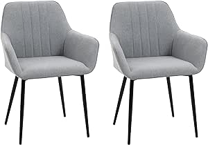 HOMCOM Chaises de Salle à Manger - Lot de 2 Chaises de Cuisine Chaises de Visiteur Design scandinave - Pieds effilés métal Noir - Assise Dossier accoudoirs ergonomiques Lin Gris