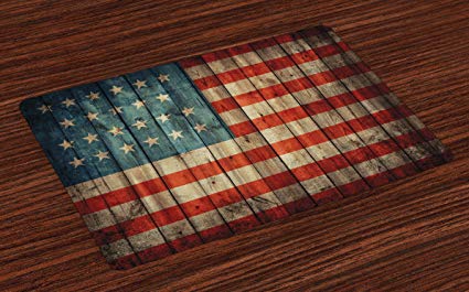 Ambesonne USA Place Mats Set of 4, Fourth of July Independence Day Painted Old Wood Print Rustic Background Patriot, Washable Fabric Placemats for Dining Room Kitchen Table Decor, Blue Red Pale Brown