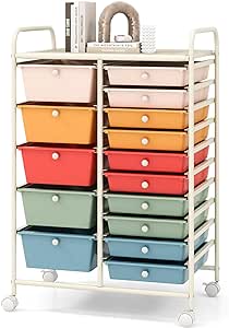 COSTWAY 15 Drawers Storage Cart, Multipurpose Rolling Utility Cart on Wheels w/Lockable Wheels & Removable Drawers, Mobile Tools Scrapbook Paper Organizer Cart for Office School Home, Macaron