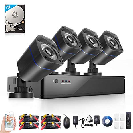 ELECCTV 4CH Home Security Camera System DVR Recorder with 4X HD 720P Indoor Outdoor Weatherproof CCTV Cameras, IR Night Vision with 1TB Hard Drive Motion Alert, Smartphone, PC Remote Access