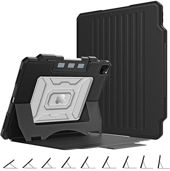 MoKo Case Fit iPad Pro 12.9 4th Generation 2020 & 2018 - [Support Apple Pencil 2 Charging] Shockproof Rugged Protective Case with Multi-Angle Magnetic Stand, Pencil Holder & Auto Sleep/Wake - Black