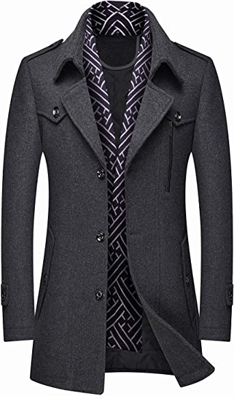 PRIJOUHE Men's Wool Blend Jacket Single Breasted Slim Fit Thick Winter Windproof Pea Coat with Removable Scarf