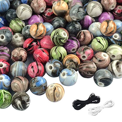 SHAN RUI 300pcs 8mm Multi Color Acrylic Round Loose Beads in Ink Patterns with 1 Black and 1 White Cord for Bracelets Jewelry Making