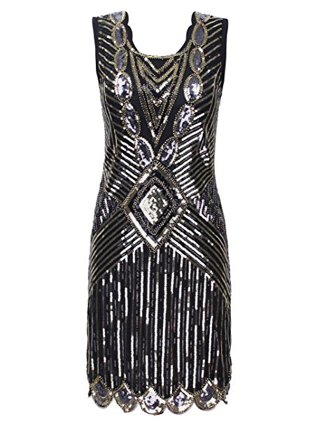 KAYAMIYA Women's 1920S Sequined Beaded Back Deep V Gatsby Flapper Evening Dress