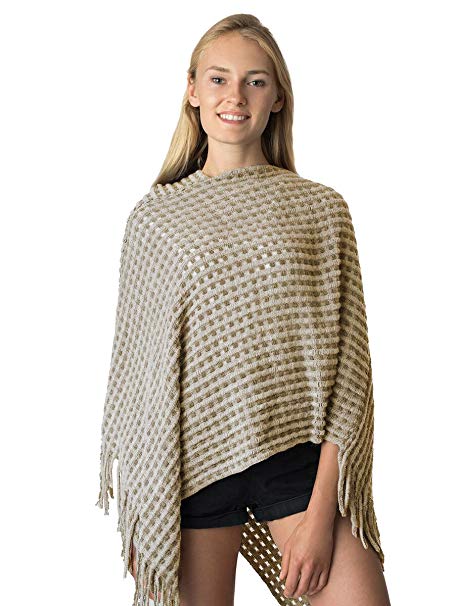 LL Poncho Sweater Womens Asymmetrical Short Crochet Knit Batwing Wrap Fringe