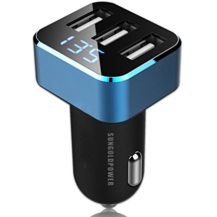 SUNGOLDPOWER 12V/24V Car Charger DC 5V 6.1A 3 USB Port With Voltage Current Power Cigarette Lighter Adapter Digital Display Charger (Blue With Three USB)