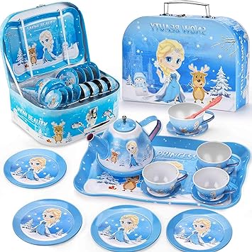 Frozen Toys for Girls - Elsa Princess Tea Party Set for Little Girls - 19 Pack Kids Kitchen Pretend Toy with Tin Tea Set, Desserts & Carrying Case - Birthday Gift for Age 3 4 5 6 Year Olds