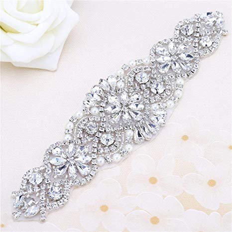 FANGZHIDI Beaded Applique with Rhinestones and Pearls for Wedding Sash or Head 3 Colors-1 Piece(6.1”2”in)