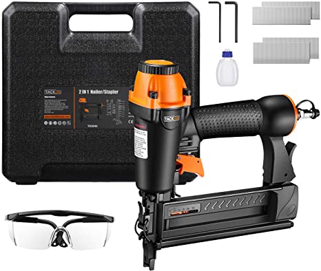 Brad Nailer, TACKLIFE 18GA 2-in-1 Pneumatic Nailer, 5/8”-2", Wider Visual Nail Indicator, 200pcs Brad Nails and 200pcs Crow Staples, 360 Degree Adjustable Exhaust, and CE Safety Glasses | TK5040